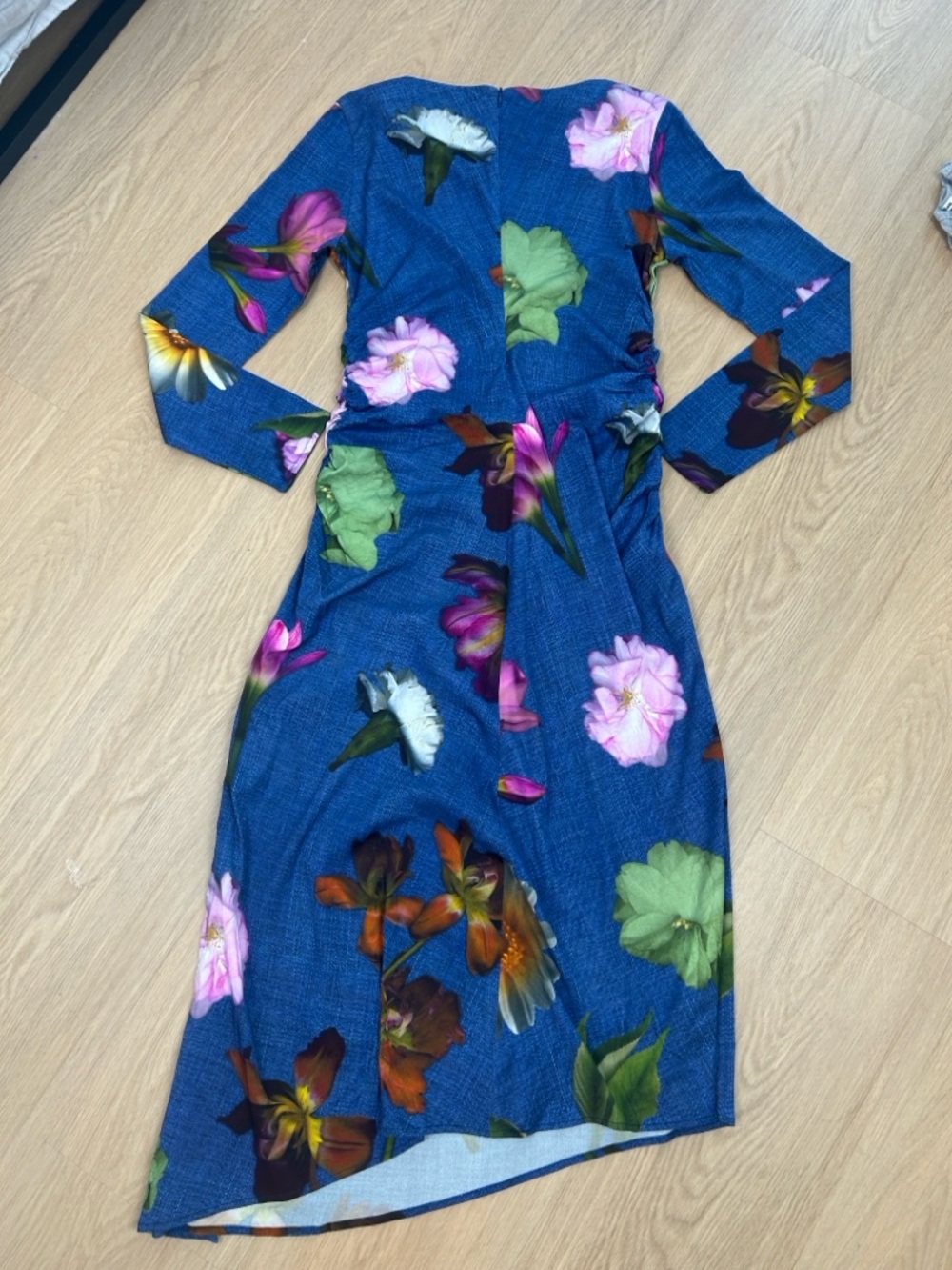 Desigual Floral Print Asymmetrical Ruched Long Sleeve Midi Dress L - Picture 9 of 11